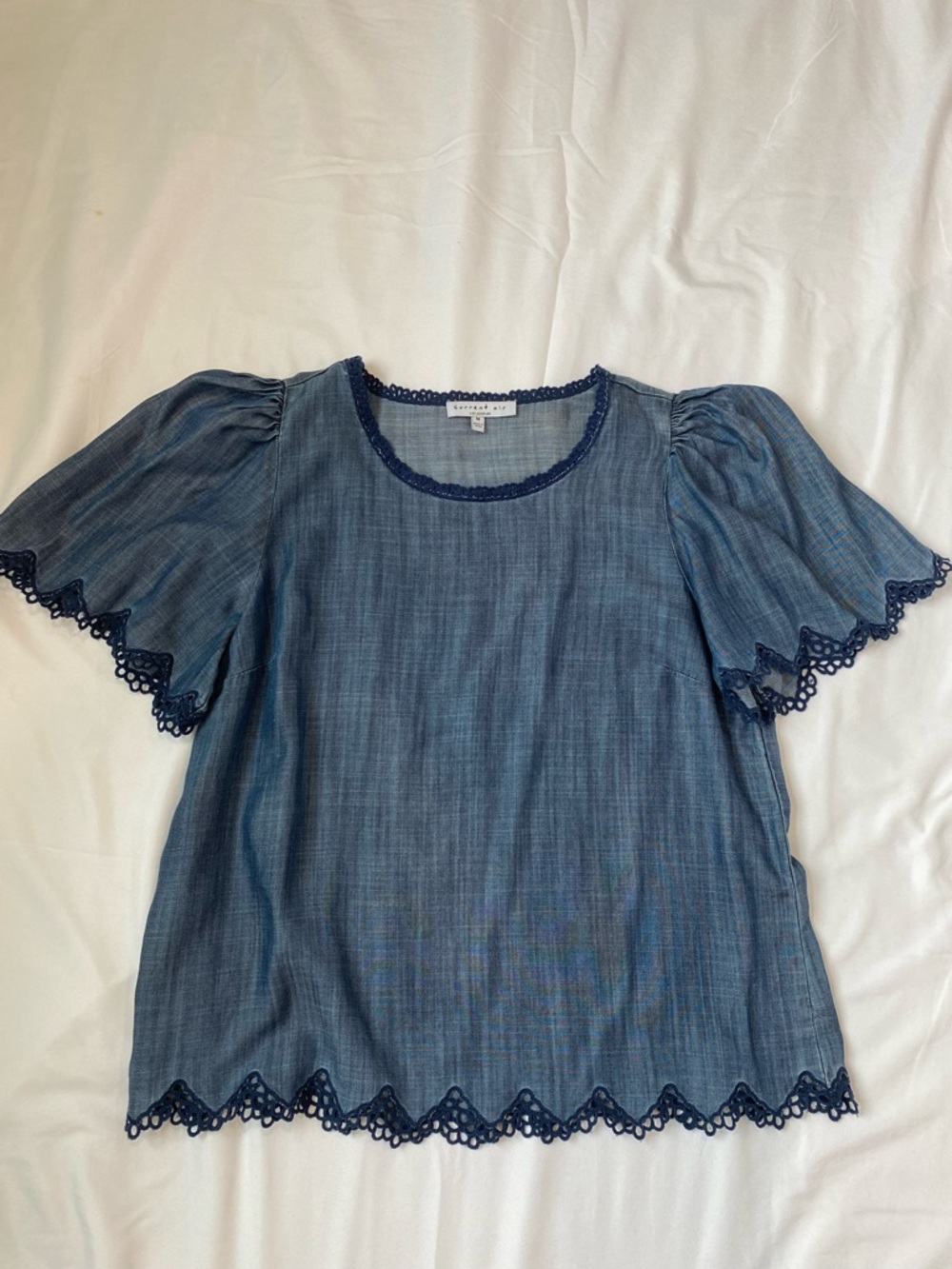 Current Air Blue Embroidered Trim Short Sleeve Top